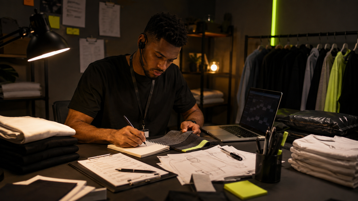 Everything Every Time episode-inspired image of a founder applying 9-to-5 lessons while planning a clothing brand launch.