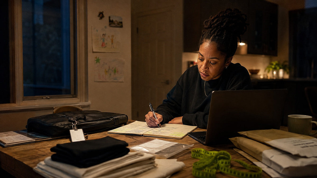 Founder building a clothing brand after hours while balancing work and family, inspired by the Everything Every Time episode.