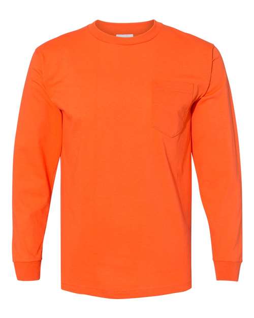 Bayside 8100 Unisex USA-Made Long Sleeve Pocket T-Shirt - Orange - front