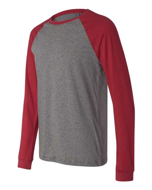 BELLA + CANVAS 3000 Men's Long Sleeve Jersey Baseball Tee - Deep Heather/ Cardinal - side