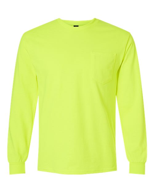 Gildan 2410 Unisex Ultra Cotton® Long Sleeve Pocket T-Shirt - Safety Green - front
