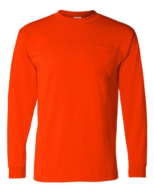Bayside 1730 Unisex USA-Made 50/50 Long Sleeve Pocket T-Shirt - Safety Orange - front
