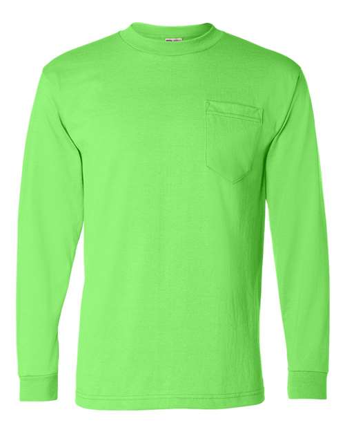 Bayside 1730 Unisex USA-Made 50/50 Long Sleeve Pocket T-Shirt - Safety Green - front