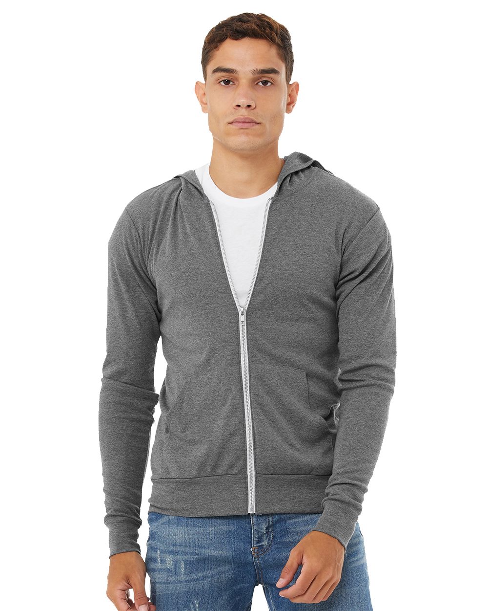 BELLA + CANVAS 3939 Unisex Triblend Lightweight Full-Zip Hooded Long Sleeve Tee - style