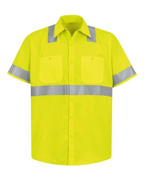 Red Kap SS24HV Men's High Visibility Safety Short Sleeve Work Shirt - HV-Fluorescent Yellow/ Green - front