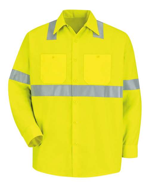 Red Kap SS14HV Men's High Visibility Safety Long Sleeve Work Shirt - HV-Fluorescent Yellow/ Green - front