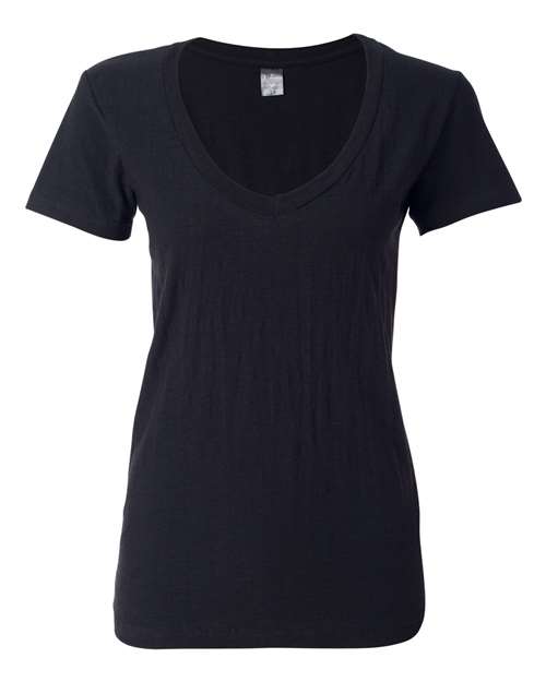 J. America 8169 Women's V-Neck Slub T-Shirt - Black - front