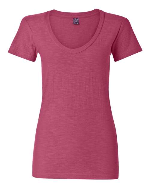 J. America 8169 Women's V-Neck Slub T-Shirt - Wildberry - front