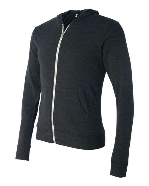 BELLA + CANVAS 3939 Unisex Triblend Lightweight Full-Zip Hooded Long Sleeve Tee - Charcoal Black Triblend - side