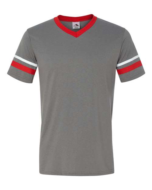 Augusta Sportswear 360 V-Neck Jersey with Striped Sleeves - Graphite/ Red/ White - front