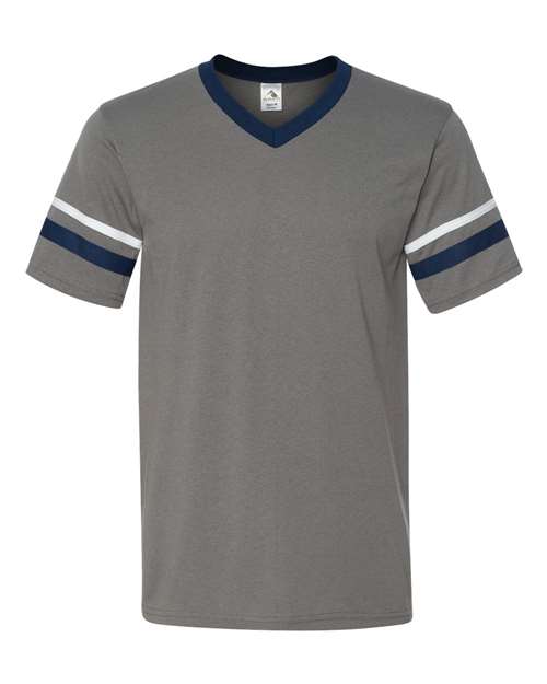 Augusta Sportswear 360 V-Neck Jersey with Striped Sleeves - Graphite/ Navy/ White - front