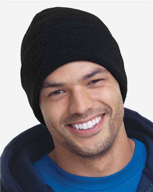 Bayside 3825 USA-Made 12'' Knit Cuffed Beanie - Black - side