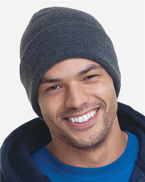 Bayside 3825 USA-Made 12'' Knit Cuffed Beanie - Charcoal Heather - side
