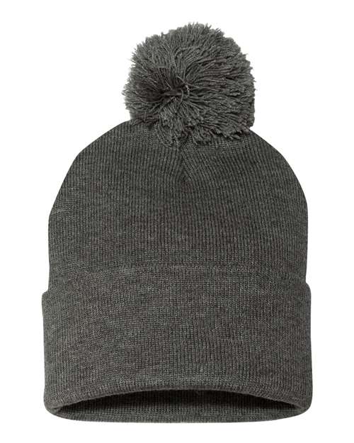 Sportsman SP15 12" Pom-Pom Cuffed Beanie - Dark Heather Grey - front