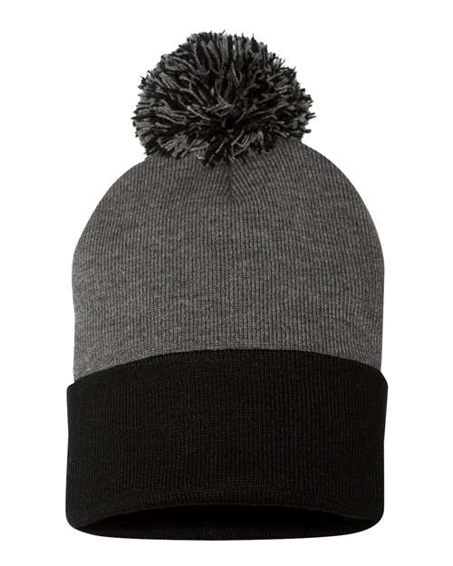 Sportsman SP15 12" Pom-Pom Cuffed Beanie - Dark Heather Grey/ Black - front