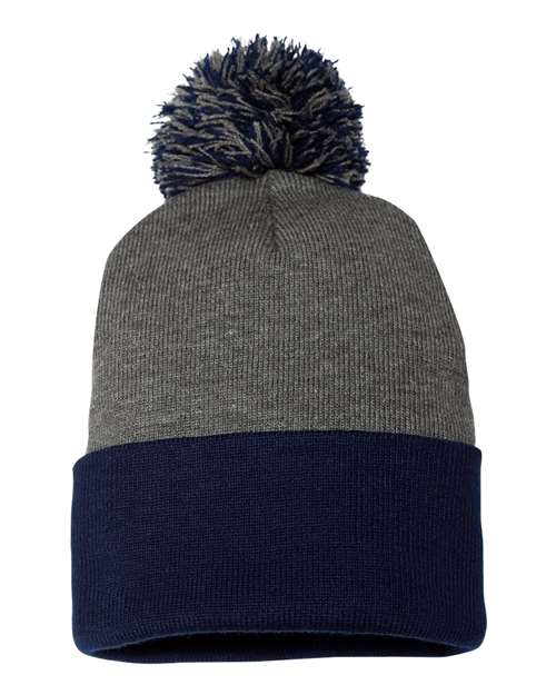 Sportsman SP15 12" Pom-Pom Cuffed Beanie - Dark Heather Grey/ Navy - back