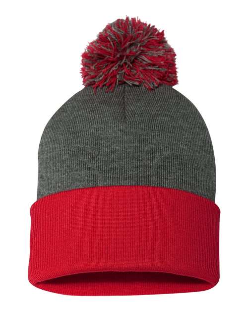 Sportsman SP15 12" Pom-Pom Cuffed Beanie - Dark Heather Grey/ Red - back