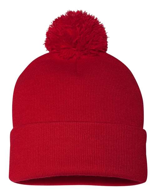 Sportsman SP15 12" Pom-Pom Cuffed Beanie - Red - front