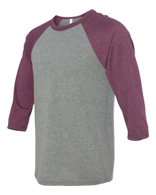 BELLA + CANVAS 3200 Unisex Three-Quarter Sleeve Baseball Tee - Grey/ Maroon Triblend - side