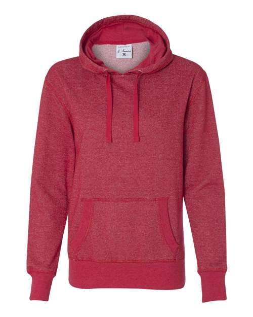 J. America 8860 Women’s Glitter French Terry Hooded Sweatshirt - Red/ Silver - front