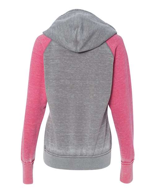 J. America 8926 Women's Zen Fleece Raglan Hooded Sweatshirt - Cement/ Wildberry - back