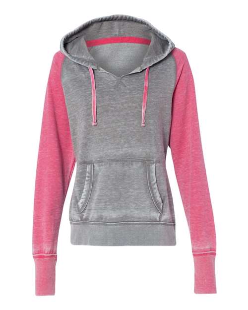 J. America 8926 Women's Zen Fleece Raglan Hooded Sweatshirt - Cement/ Wildberry - front