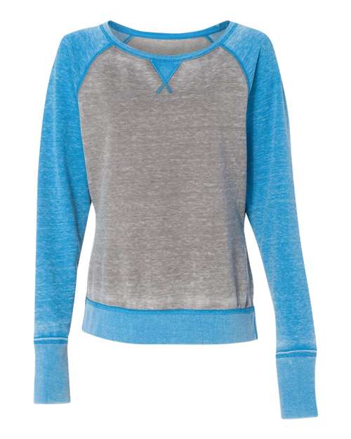 J. America 8927 Women’s Zen Fleece Raglan Sweatshirt - Cement/ Oceanberry - front