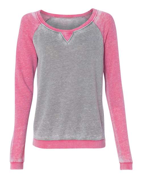 J. America 8927 Women’s Zen Fleece Raglan Sweatshirt - Cement/ Wildberry - front