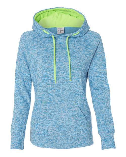 J. America 8616 Women’s Cosmic Fleece Hooded Sweatshirt - Electric Blue/ Neon Green - front