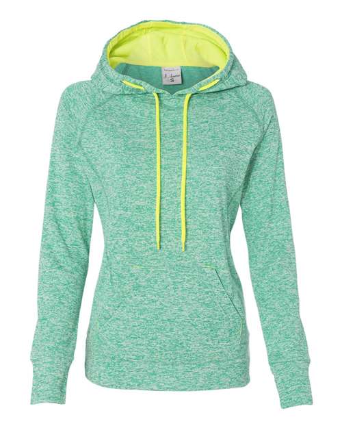 J. America 8616 Women’s Cosmic Fleece Hooded Sweatshirt - Emerald/ Neon Yellow - front
