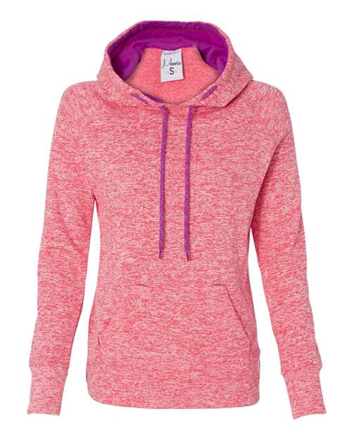 J. America 8616 Women’s Cosmic Fleece Hooded Sweatshirt - Fire Coral/ Magenta - front