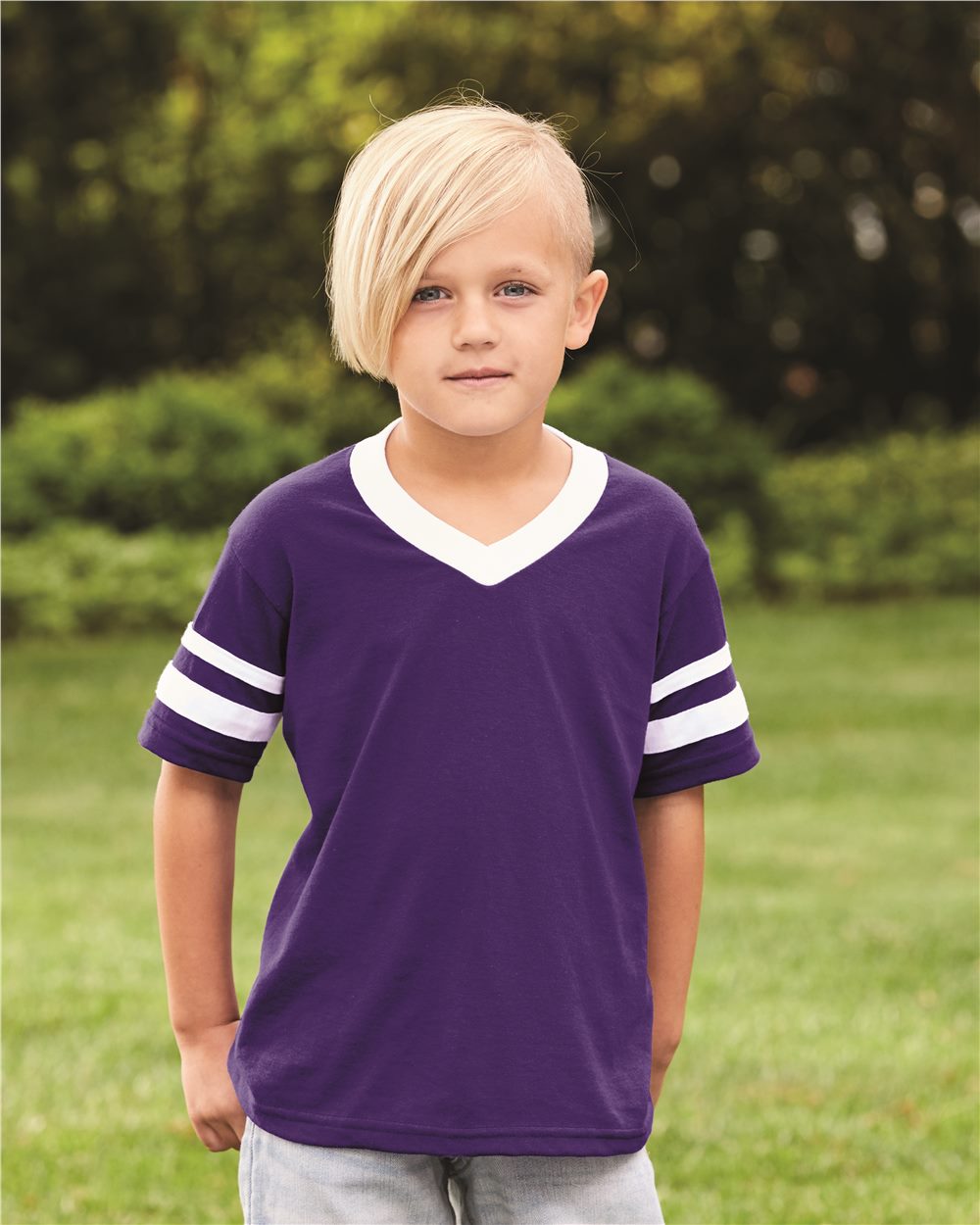 Augusta Sportswear 361 Youth V-Neck Jersey with Striped Sleeves - style