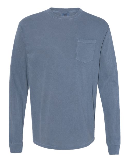 Comfort Colors 4410 Unisex Garment-Dyed Heavyweight Long Sleeve Pocket T-Shirt - Blue Jean - front
