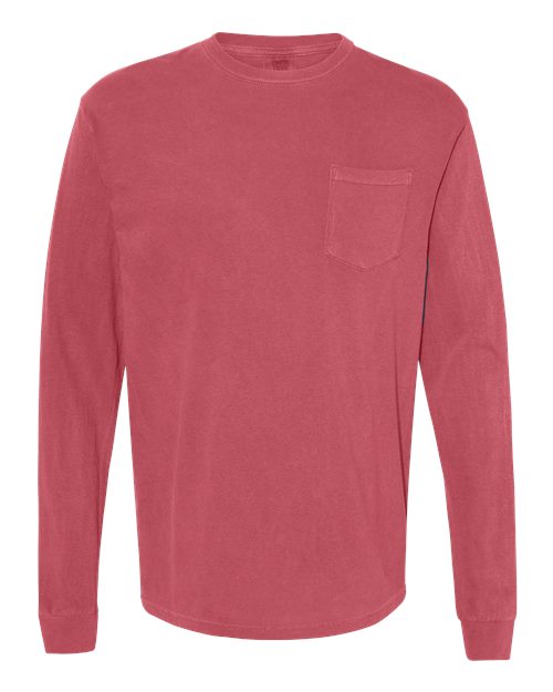 Comfort Colors 4410 Unisex Garment-Dyed Heavyweight Long Sleeve Pocket T-Shirt - Crimson - front