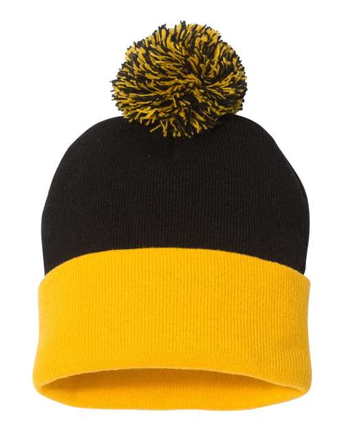 Sportsman SP15 12" Pom-Pom Cuffed Beanie - Black/ Gold - front