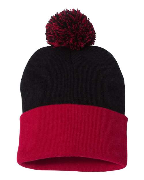 Sportsman SP15 12" Pom-Pom Cuffed Beanie - Black/ Red - back