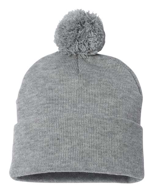 Sportsman SP15 12" Pom-Pom Cuffed Beanie - Light Heather Grey - front