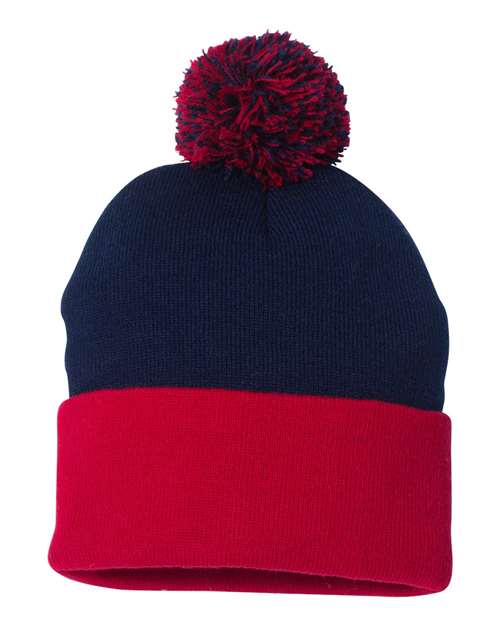 Sportsman SP15 12" Pom-Pom Cuffed Beanie - Navy/ Red - front