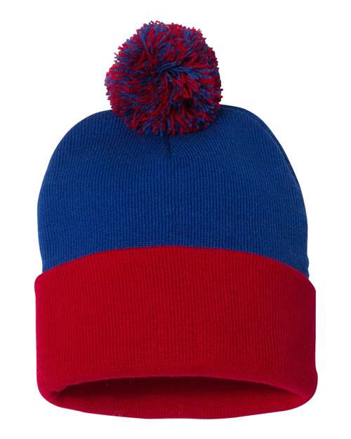 Sportsman SP15 12" Pom-Pom Cuffed Beanie - Royal/ Red - back