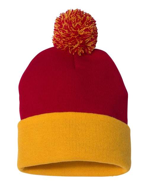 Sportsman SP15 12" Pom-Pom Cuffed Beanie - Red/ Gold - back
