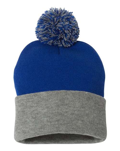 Sportsman SP15 12" Pom-Pom Cuffed Beanie - Royal/ Light Heather Grey - front