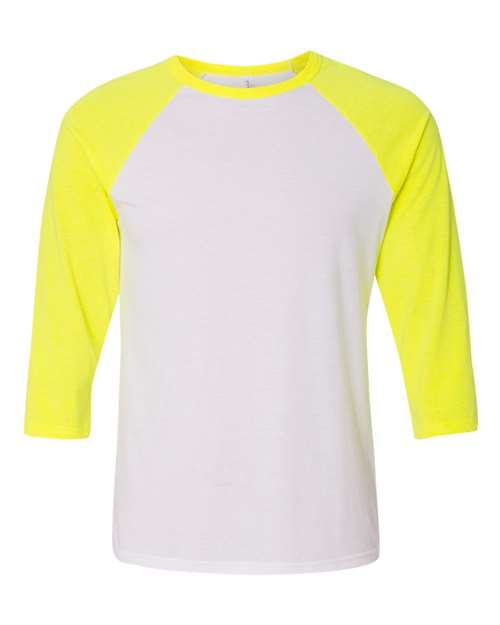 BELLA + CANVAS 3200 Unisex Three-Quarter Sleeve Baseball Tee - White/ Neon Yellow - front