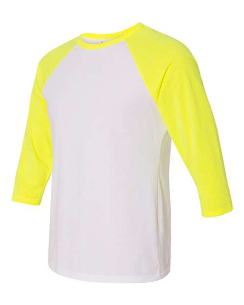 BELLA + CANVAS 3200 Unisex Three-Quarter Sleeve Baseball Tee - White/ Neon Yellow - side