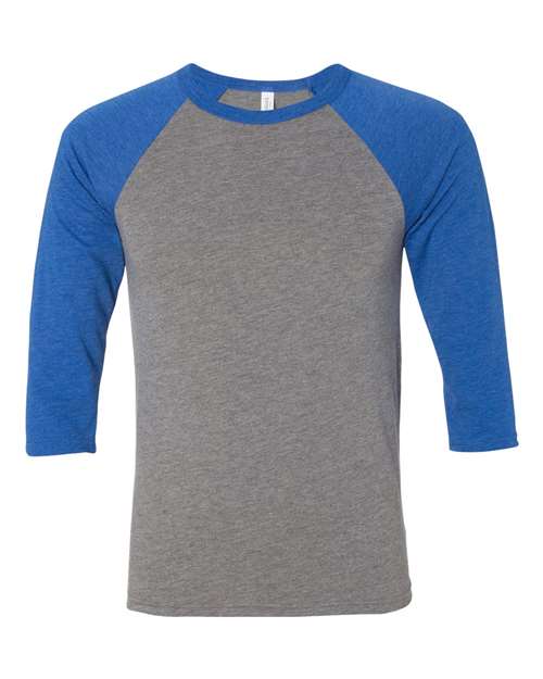 BELLA + CANVAS 3200 Unisex Three-Quarter Sleeve Baseball Tee - Grey/ True Royal Triblend - front