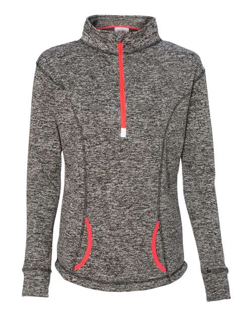 J. America 8617 Women's Cosmic Fleece Quarter-Zip Pullover - Charcoal Fleck/ Fire Coral - front