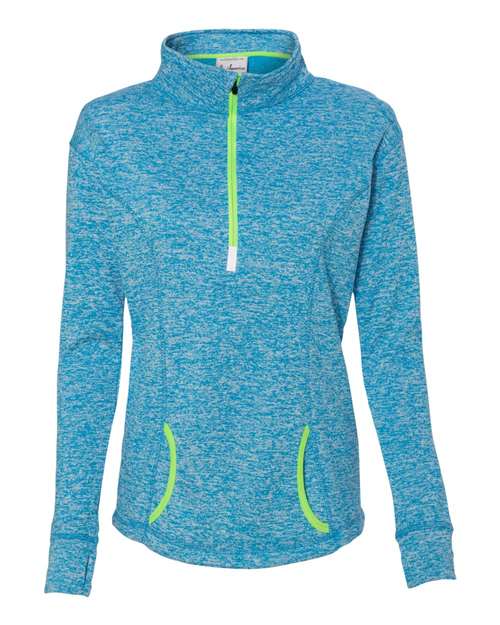 J. America 8617 Women's Cosmic Fleece Quarter-Zip Pullover - Electric Blue/ Neon Green - front
