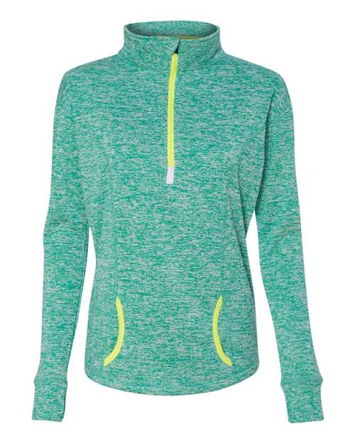 J. America 8617 Women's Cosmic Fleece Quarter-Zip Pullover - Emerald/ Neon Yellow - front