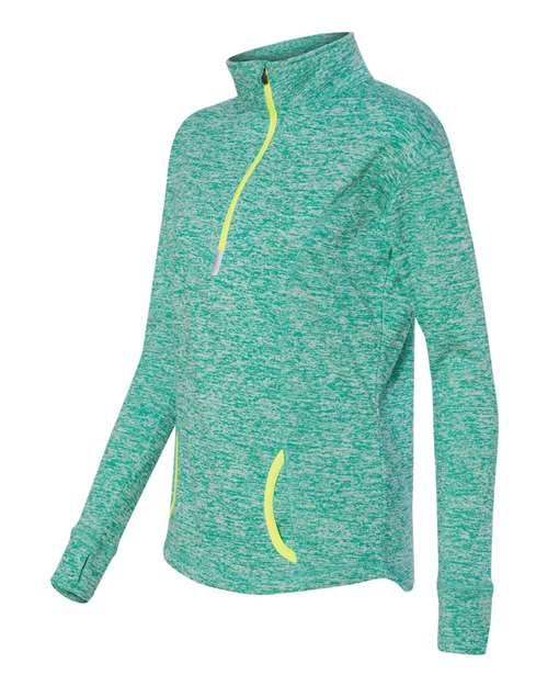 J. America 8617 Women's Cosmic Fleece Quarter-Zip Pullover - Emerald/ Neon Yellow - side