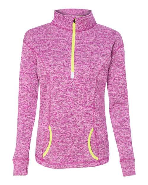 J. America 8617 Women's Cosmic Fleece Quarter-Zip Pullover - Magenta/ Neon Yellow - front