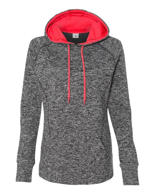 J. America 8616 Women’s Cosmic Fleece Hooded Sweatshirt - Charcoal Fleck/ Fire Coral - front